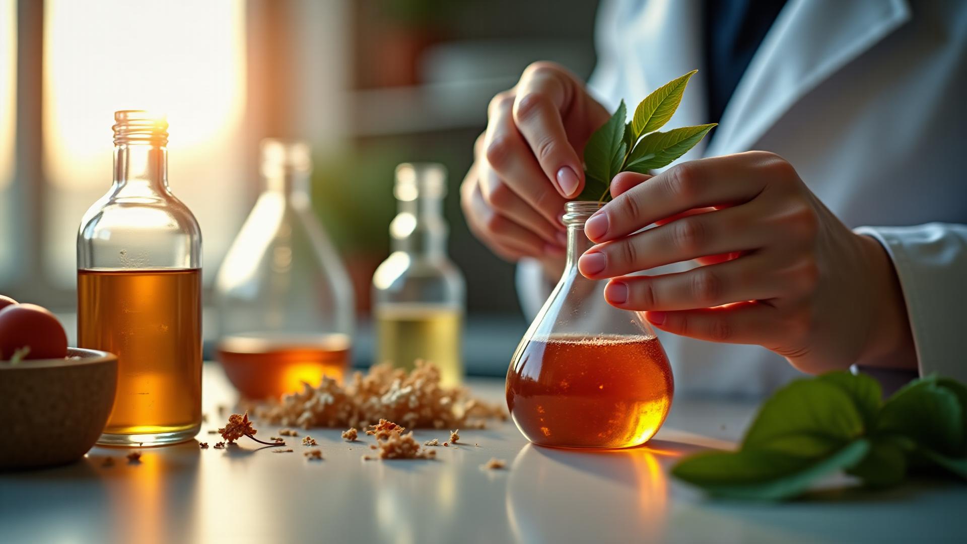 Mains d'artisan manipulant des ingrédients botaniques et flacons de laboratoire sous une lumière chaleureuse