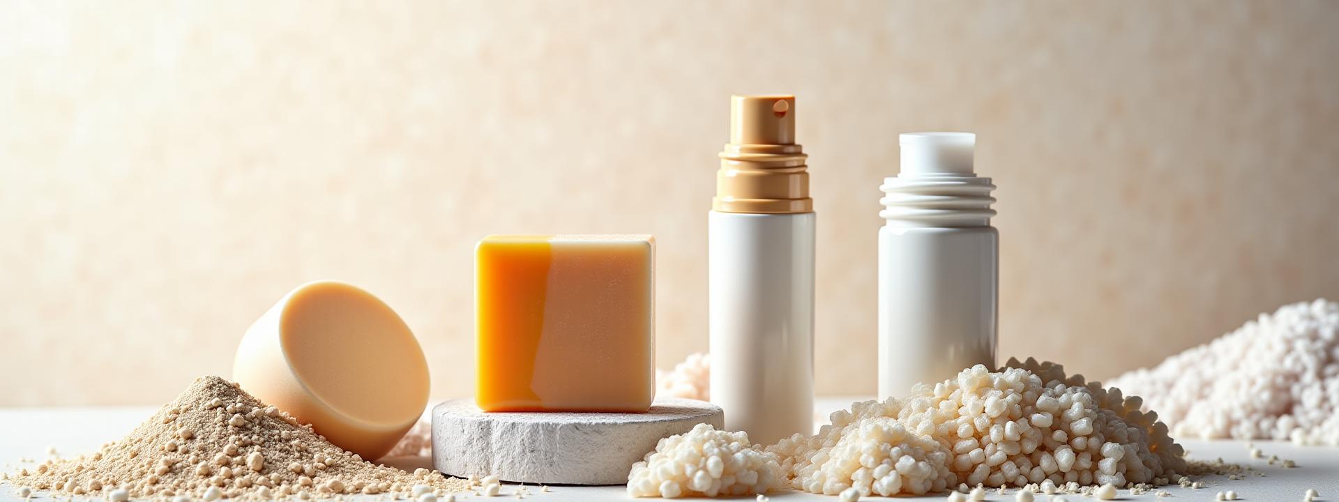 Composition artistique de produits cosmétiques waterless: shampoing solide texturé, déodorant en stick, nettoyant en poudre sur un fond minéral clair.