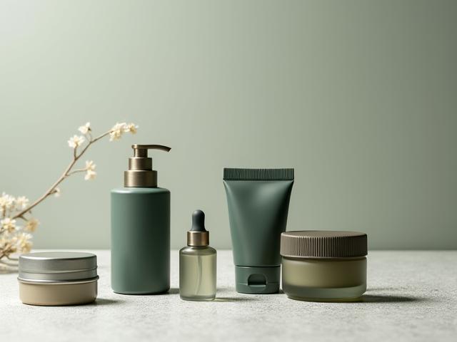 Composition harmonieuse d'emballages cosmétiques éco-responsables: boîtes en carton recyclé, pots en aluminium, shakers en verre dépoli, tous élégamment présentés.