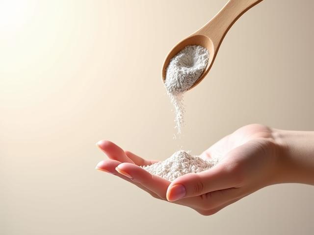 Une cuillère en bois versant délicatement une poudre cosmétique fine et blanche dans un creux de main.