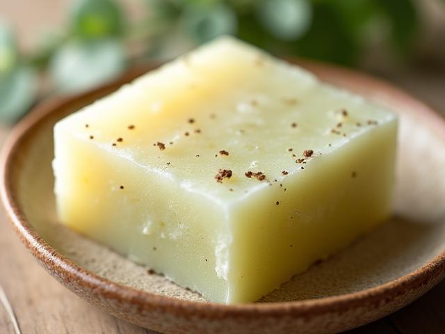 Gros plan sur un pain de shampoing solide artisanal, richement texturé et aux couleurs naturelles.