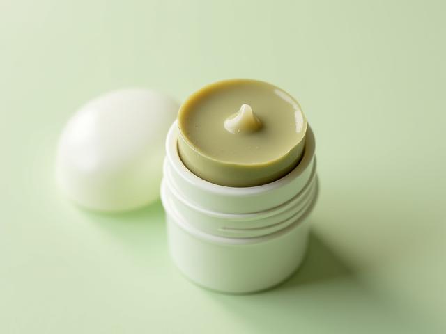 Gros plan sur un stick de masque pour le visage à base d'argile, avec de subtiles nuances vertes et une texture crémeuse.