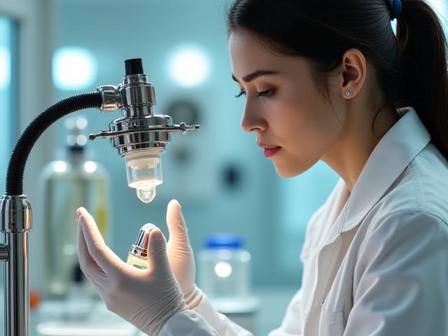 Technicienne en laboratoire examinant un échantillon cosmétique sous une loupe lumineuse
