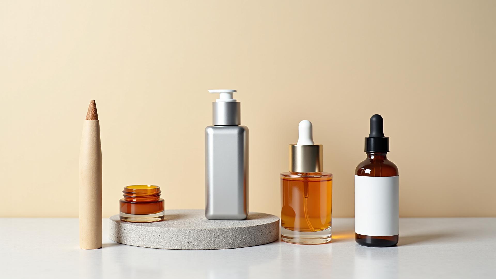 Composition élégante de différents packagings durables pour cosmétiques, incluant verre ambré, aluminium, carton et flacon rechargeable.