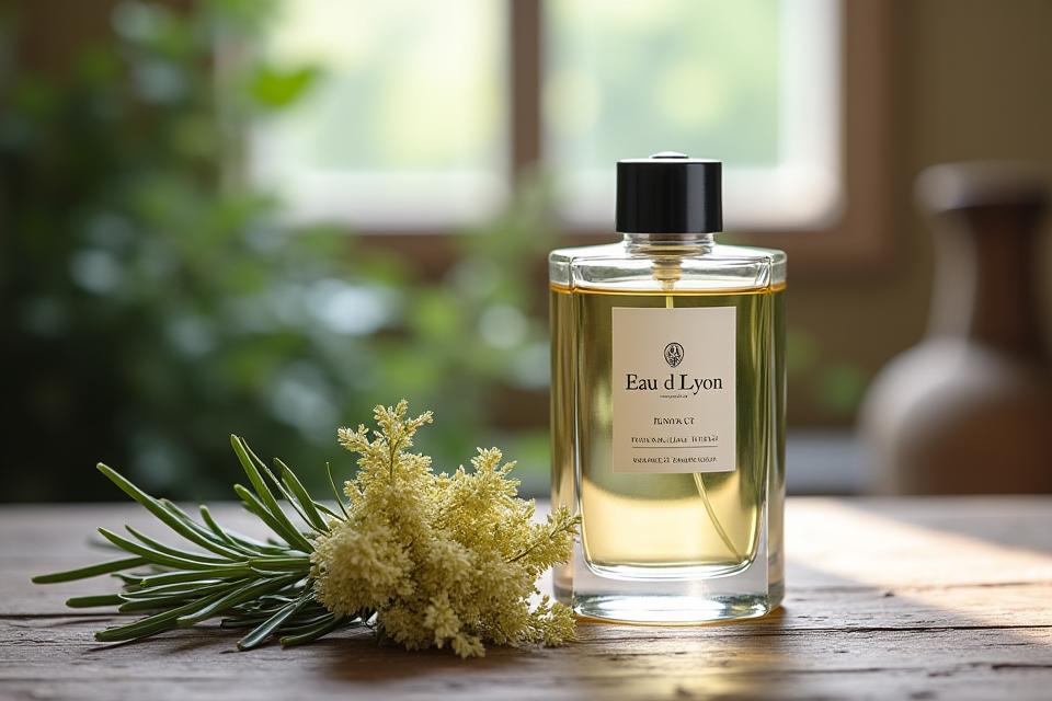 Flacon de l'Eau de Lyon avec des fleurs de tilleul et du romarin frais