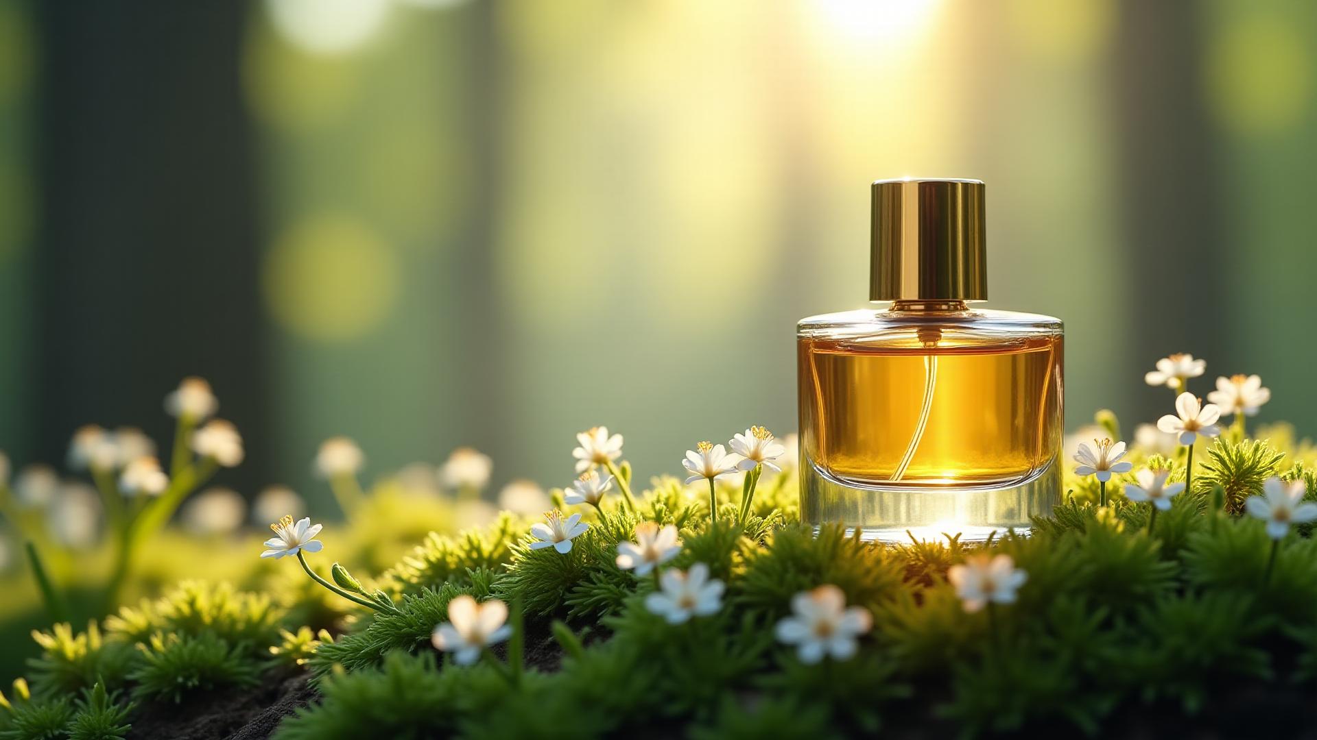Flacon de parfum épuré posé sur de la mousse et des fleurs sauvages, lumière naturelle