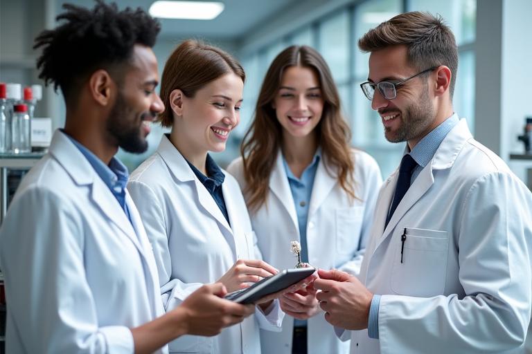 Photo de l'équipe R&D de Forge Éclat en blouses de laboratoire, souriante et passionnée