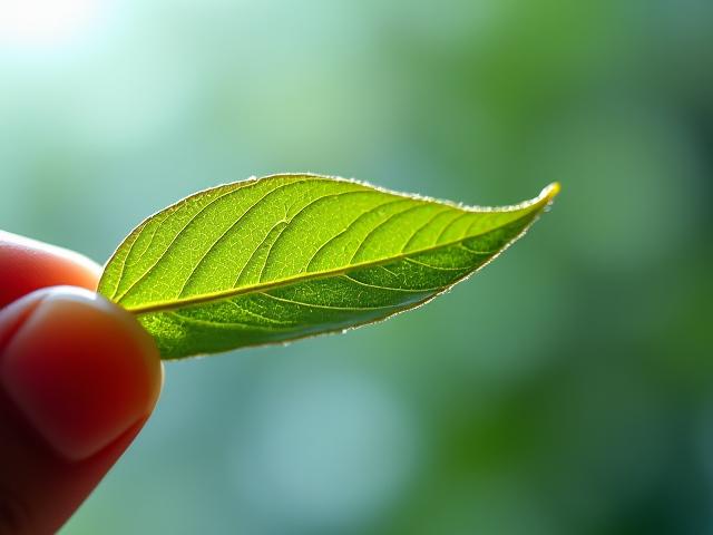 Une main tenant une feuille délicate avec des superpositions de données techniques comme une structure moléculaire et un numéro CAS, symbolisant la transparence et la science dans les ingrédients cosmétiques.